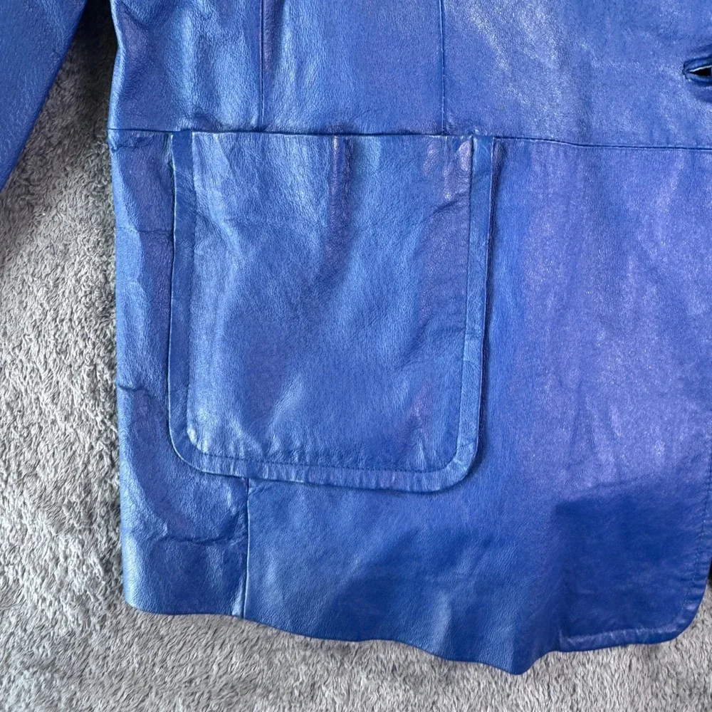 Via Accenti Blue Leather Blazer Jacket Womens Size 18 Cobalt Blue Vintage Style‎